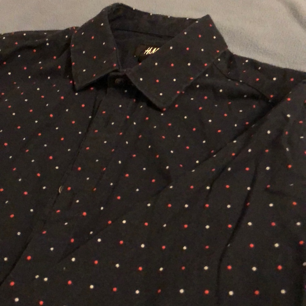Navy polka dot button down
